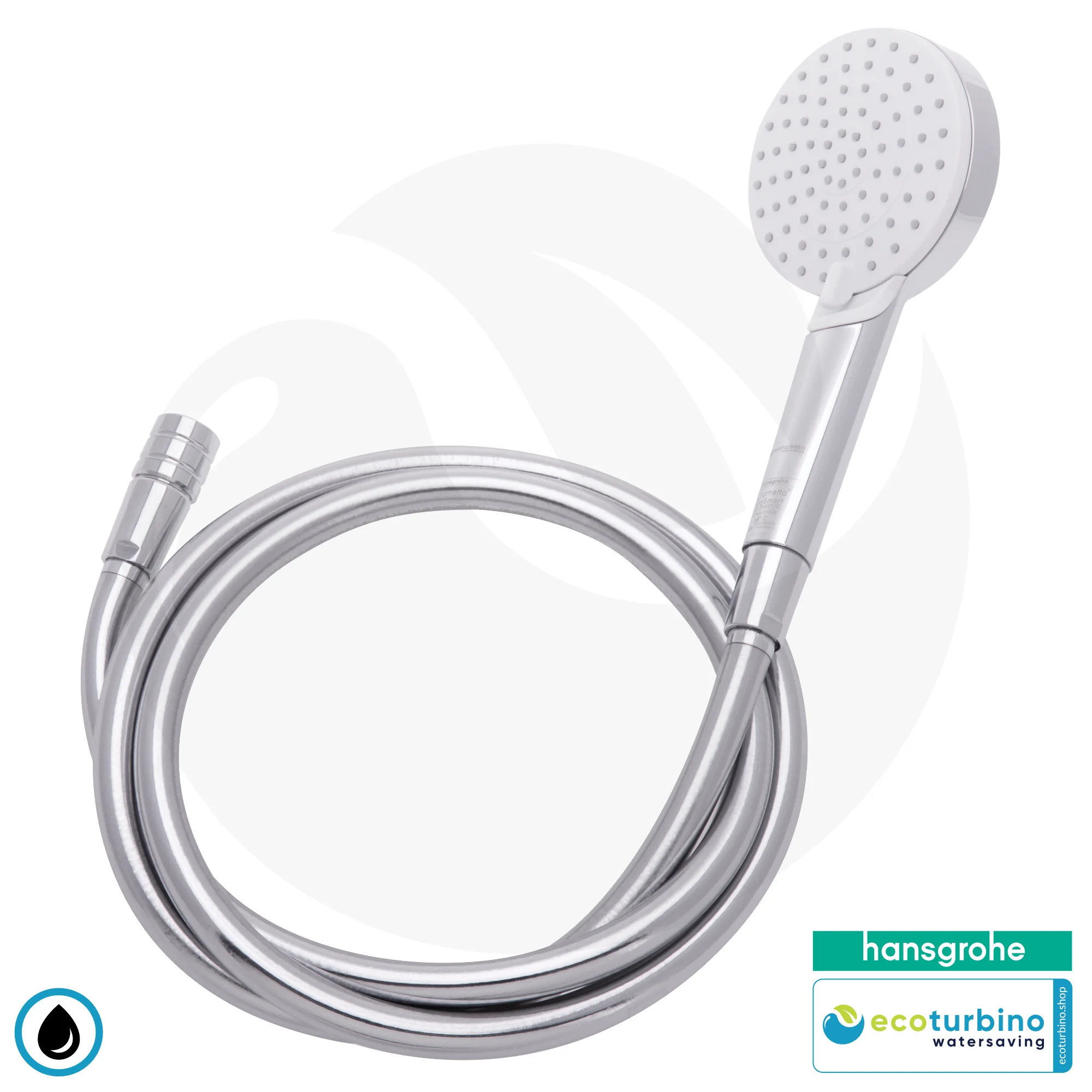 hansgrohe Crometta 100 Vario, 2-Strahl Handbrause SET + ecoturbino® 10 Legio | ET10L Wasserspar Adapter + Duschschlauch + Duschkopf