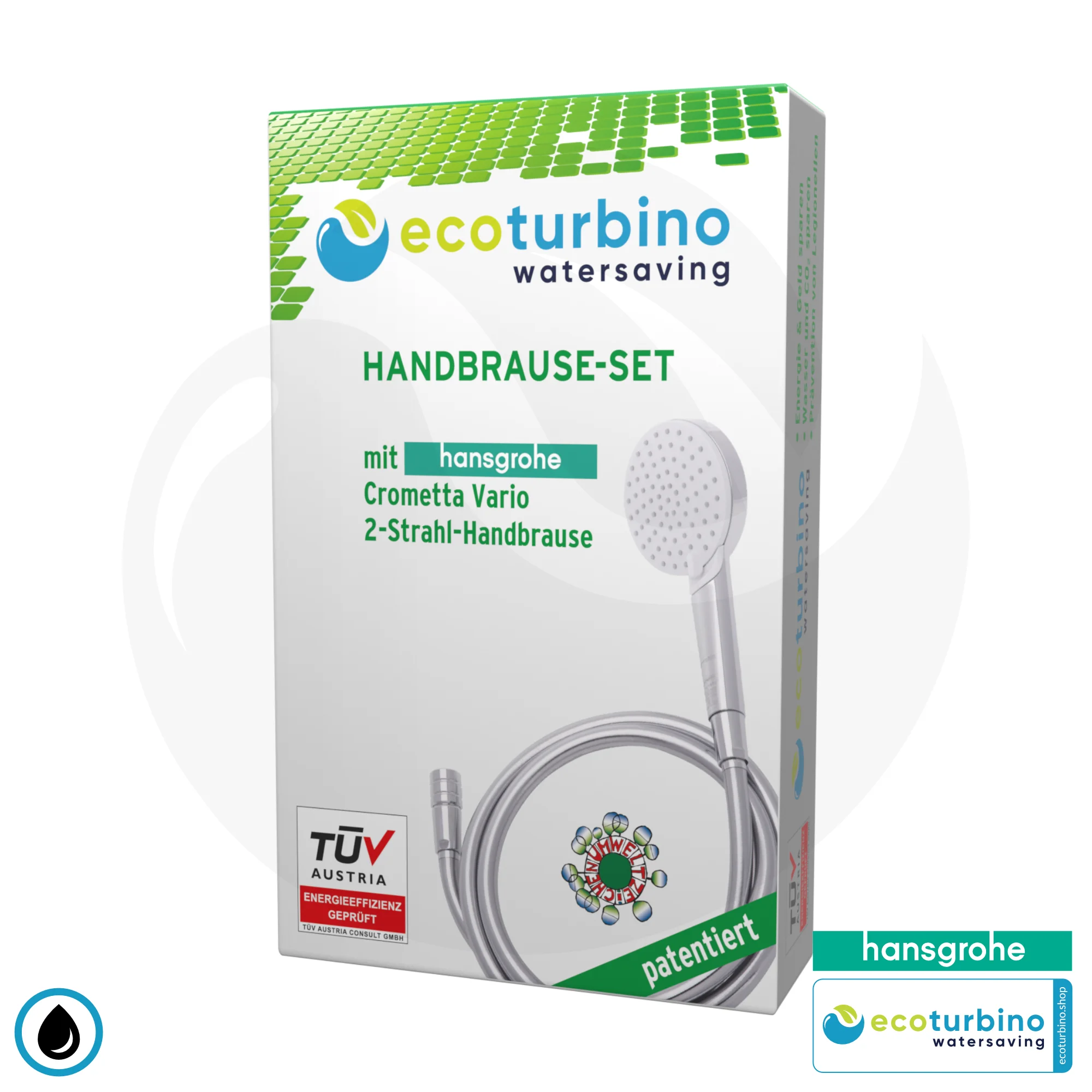 hansgrohe Crometta 100 Vario, 2-Strahl Handbrause SET + ecoturbino® 10 Legio | ET10L Wasserspar Adapter + Duschschlauch + Duschkopf